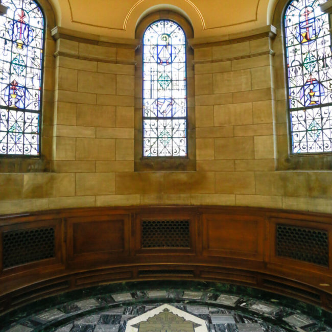The sacristy underwent extensive restoration of the tile and marble flooring and cabinetry.