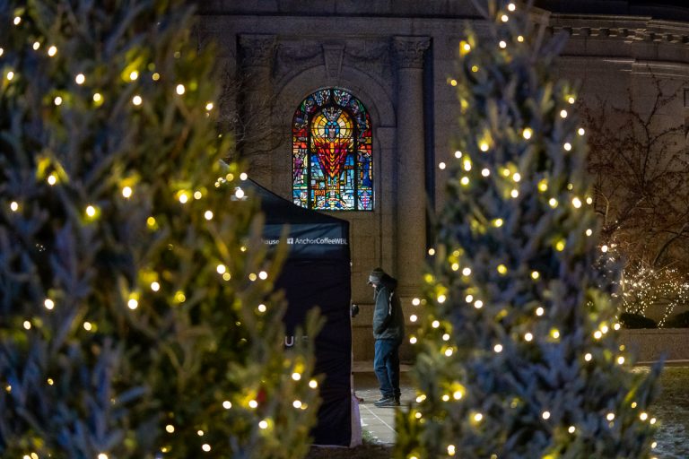Stained glass windows in the sacristy looked brilliant from the courtyard view.